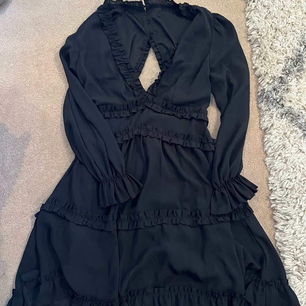 Black Ruffle V-Neck Long Sleeve Dress
